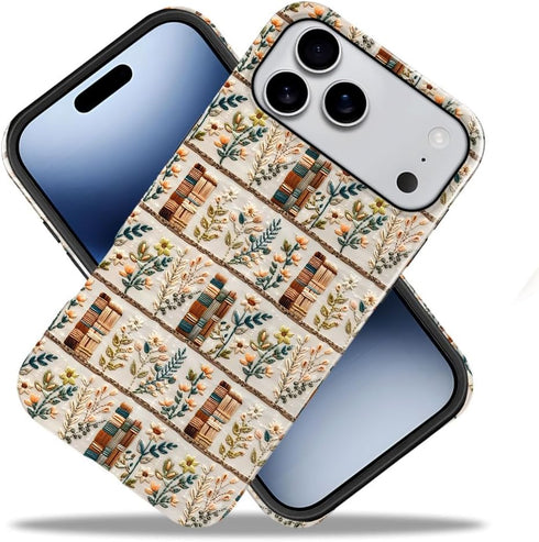 Generic 17 Compatible with iPhone Pro Max,Anti-Scratch Glossy Case Cover,Embroidery Book Flowers Bookshelf