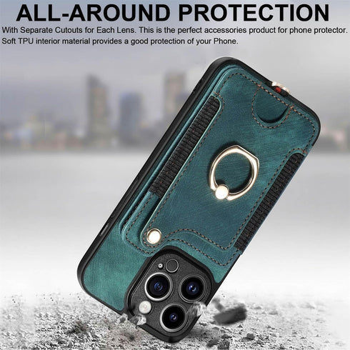 JanCalm iPhone 13 Pro Leather Flip Case, Card Holder, RFID-Blocking, Magnetic, Ring Holder in Green