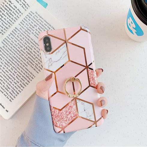 Qokey Compatible iPhone X/iPhone Xs Case 5.8 inch, Marble Cute Fashion with 360 Degree Rotating Ring Kickstand, Bling