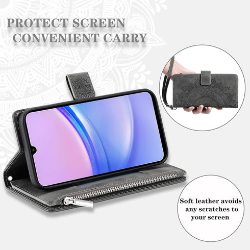 Asuwish Galaxy A15 5G Wallet Case with Tempered Glass, Wrist Strap, Mandala Flower, Credit Card Holder, Grey.
