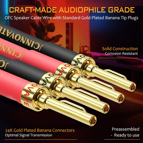 2 Pack 14 AWG OFC Speaker Cable with Pin Banana Plugs, Craft-made HiFi 1.5m/4.9Ft White Square Speaker Wire With Gold-plated Banana Plugs, Speaker Cable for Hi-Fi & Home Audio System, Amp, subwoofer
