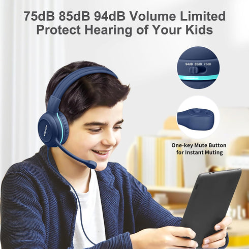 SIMOLIO Wired Headphones for School with Microphone, Stereo Kids Headphone with Volume Limiter for K12 & E-Learning