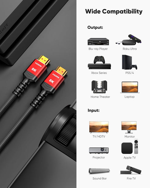 8K 10K 2.1 6.6FT/2M 2-Pack, Cord-4K@120Hz 8K@60Hz, 2.2 2.3, 10 Highwings HDMI Cable Ultra High Speed HDMI Cable Braided