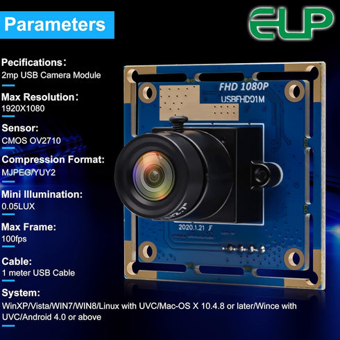 ELP 1080P USB Security Camera Module - 2 Megapixel HD, Wide Angle, Mini UVC USB2.0 for Raspberry Pi