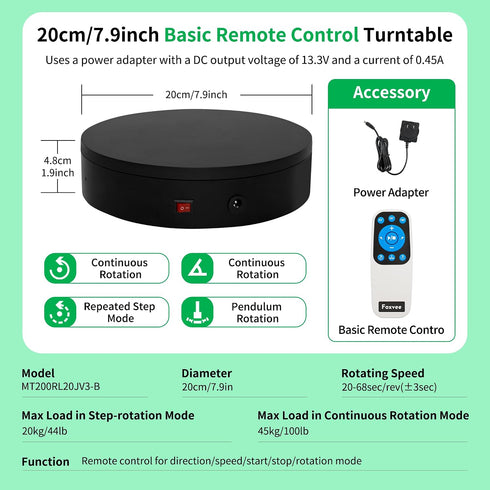 Foxvee 360 3D Scan,Photography,Showcase(7.87inch/Black) Remote-Controlled Motorized Turntable,Motorized Rotating