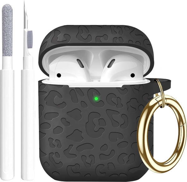 for Airpod Case & Airpods 2nd Generation Case, Cute Soft Silicone Full Protective Leopard Engraved Skin Cover (Black)