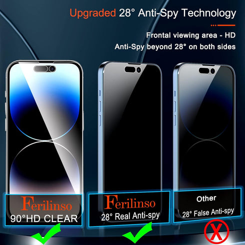 Ferilinso 3 Pack Privacy Screen Protector for iPhone 14 Pro - 9H Tempered Glass, Anti-Spy, Case Friendly, Lens