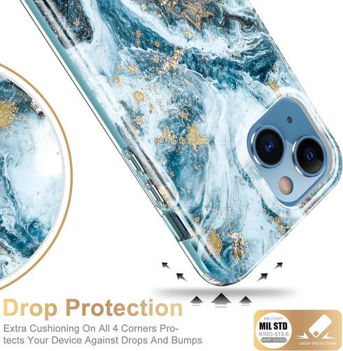 Esdot for iPhone 13 Case Opal Marble Teal - Built-in Screen Protector, Military Grade Rugged Cover for Women Girls, 6.1"