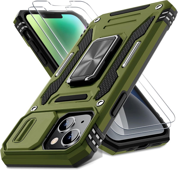 DEERLAMN iPhone 13 & 14 Case, Olive Green, Military Grade Shockproof, Slide Camera Cover + 2 Screen Protectors,