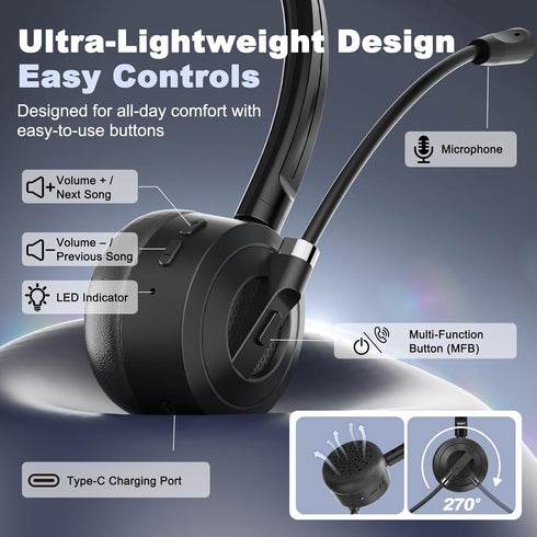 Headset BlueFire Bluetooth with Microphone, Single-Ear On-Ear Headphones, Lightweight & Comfortable, Clear Call Noise