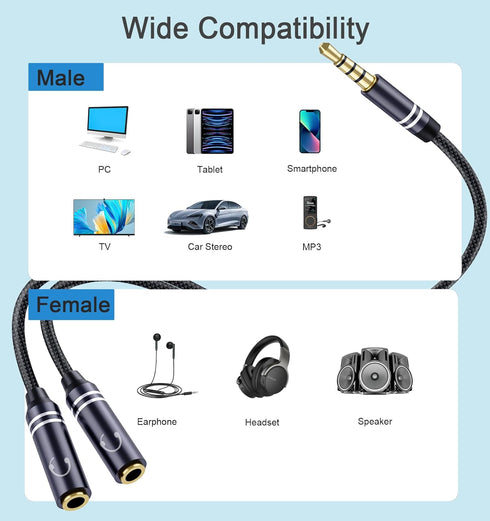 2 Pack 3.5mm Headphone Splitter, Hi-Fi Sounds Extension Cable Audio Stereo Y Splitter, Male to 2 Female