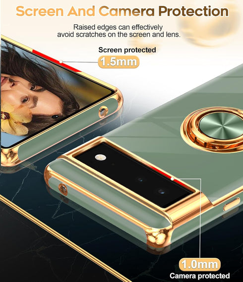 LeYi Google Pixel 6 Case: L-Green, Plating Rose Gold Edge, 360° Rotatable Ring Holder & Magnetic Kickstand.