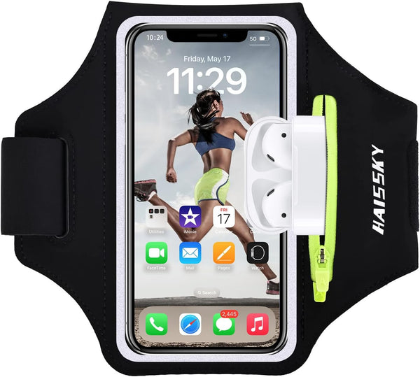 Cell Phone Running Armband with Zipper Pocket Case for iPhone 16 Pro Max/15/14/13/12/11 Pro Max, Sweatproof Arm Band