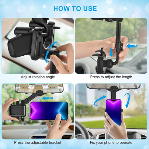Multifunctional 360 Car Rearview Mirror Phone Holder - Satismoon Car Phone Holder, Rear View Mirror Phone Holder, Car Phone Holder Rear View Mirror Mount (1 Pack)