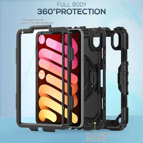 SEYMAC Case for iPad Mini 6 8.3 , Full-Body Shockproof Protective Cover with 360 Rotating Stand and Pen Holder