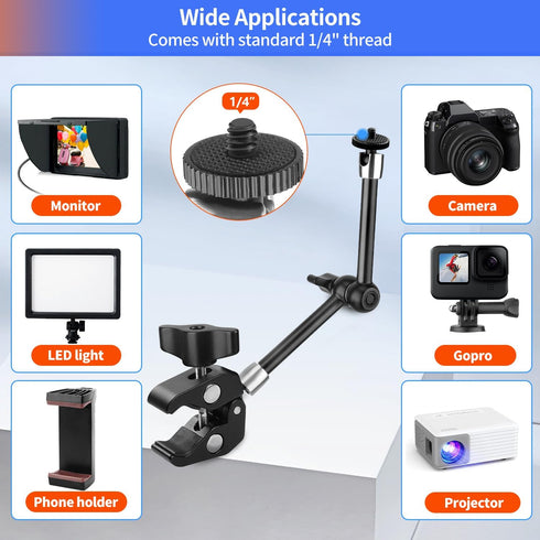 Magic Arm Camera Mount 11 inches with Super Clamp, 6lbs Load Capacity, 1/4" and 3/8" Threads