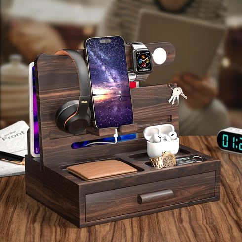 Wooden Phone Docking Station Nightstand Organizer with Drawer Storage, Cell Phone Stand Gifts for Men, Dad, Boyfriend,