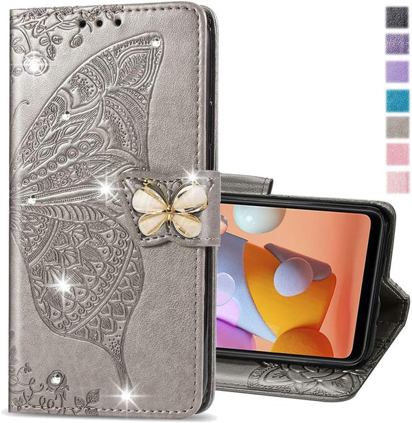 Samsung Galaxy A32 5G Case | Glitter Bling Leather Flip Wallet with Card Holder and Stand, Shockproof Crystal Grey