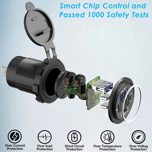 96W USB 12V Outlet 3 Port with 2 Type C Cable: Multi USB C Car Charger Adapter Dual PD30W & QC3.0 Auto Cigarette
