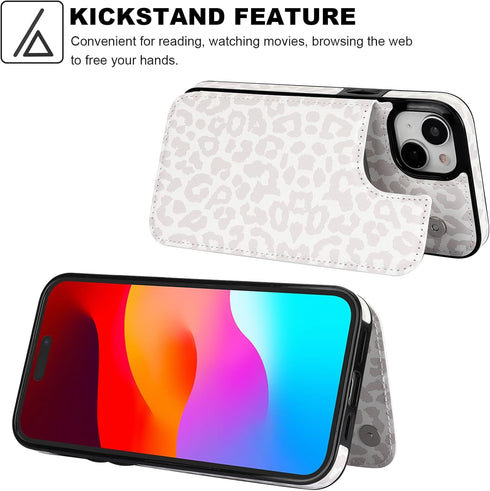 HAOPINSH iPhone 15 Plus Case Wallet with Card Holder, White Leopard Pattern Flip Folio PU Leather Case