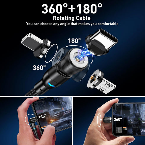 Magnetic Charging Cable 5-Pack, 540° Rotating Magnetic Phone Charger Cable with LED Light for Micro USB, USB C,