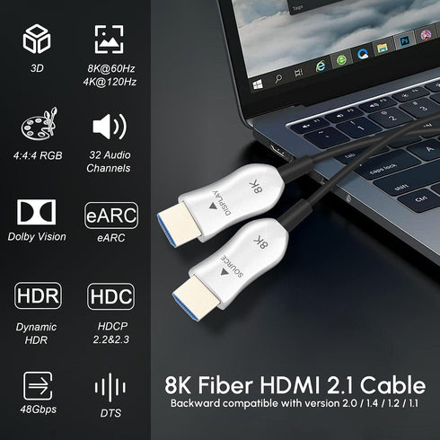 8K 2.1 25ft, 48Gbps, 8K@60Hz 4K@120Hz, 2.2&2.3, 3D, PS4/PS5 Fiber Optic HDMI Cable Active HDMI Cable Slim, High Speed