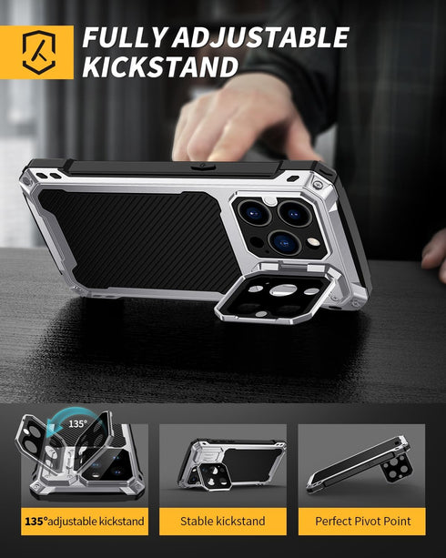 Lanhiem Metal Case for iPhone 15 Pro Max, Built-in Camera Kickstand & Glass Screen Protector, Heavy Duty Rugged Cover