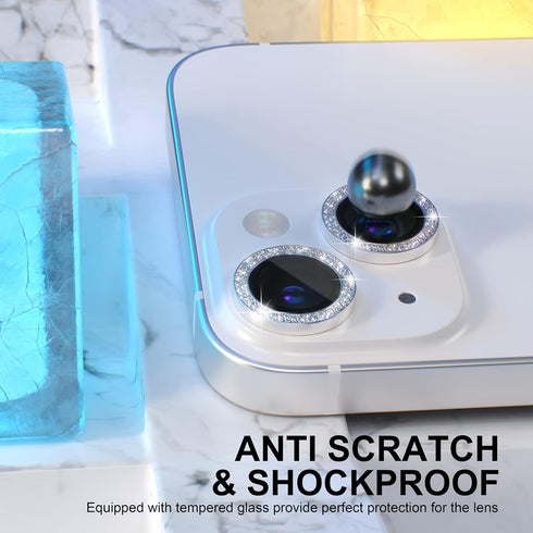 Choiche 2+1 Camera Lens Protector for iPhone 14/14 Plus, Glitter-Silver, 9H Tempered Glass, Metal Ring Decoration.