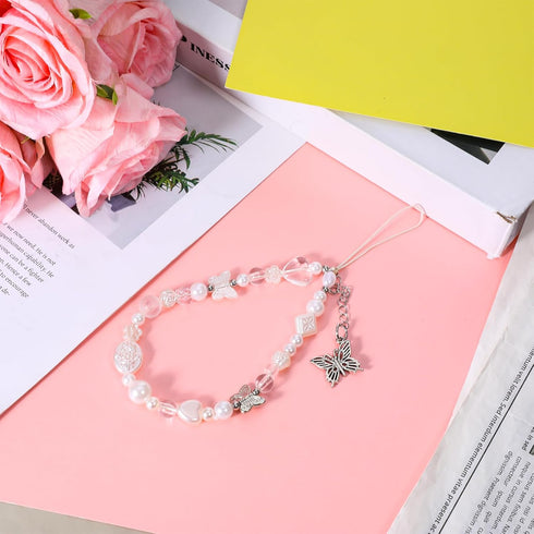 LXUEJIE 1 Pcs Beaded Camera Wrist Strap, Phone Charm Strap, Cute Digital Camera Charm Lanyard, Butterfly Cellphone