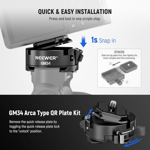 Neewer GM34 Camera Quick Release Plate Kit, Auto Lock Square QR Mount Plate with Arca Type Clamp Base