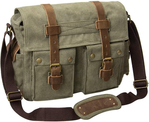 peacechaos Men's Canvas Camera Bag - Leather DSLR SLR Case, Vintage Messenger Sling Bag, Army Green