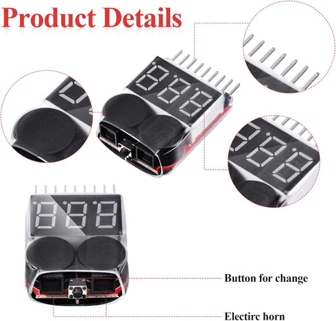 10 Pieces 2-in-1 Lipo Battery Voltage Tester Low Voltage Buzzer Alarm for 1-8s Battery Capacity Monitor
