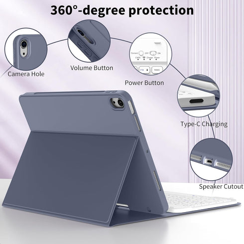 JKSML 10.9 Inch Case for iPad Air 5th/4th Generation 2022/2020 with Magnetic Detachable Bluetooth Keyboard and Pencil Holder, Auto Wake/Sleep Smart Folio, Keyboard Case for iPad Air 5/4 Gen, Purple