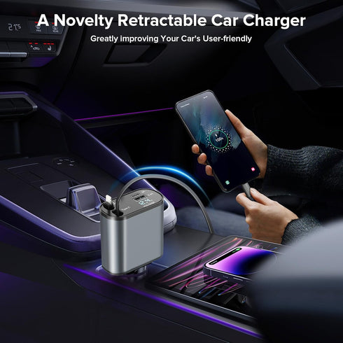 Retractable Car Charger, 60W Fast Charge with 1x Retractable Cable, 1x Type-C Cable, 2X USB Ports for iPhone Galaxy