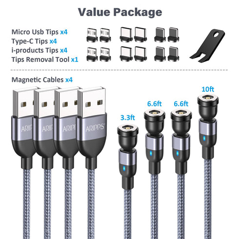 4 Pack Magnetic Charging Cable (3.3ft/6.6ft/6.6ft/10ft) - 540 Rotating, 3-in-1 Nylon Braided for Micro, Type C,