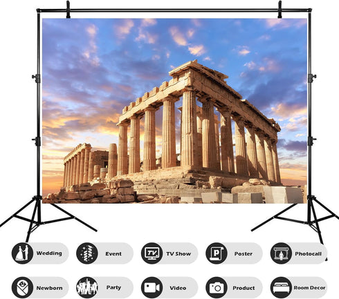 Sunset Greece Parthenon Background, Historical Building Photography Backdrop, 7x5ft Vinyl Wallpaper for Studio Props