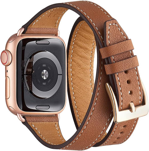 Bestig Bands Compatible with Apple Watch Band, 49mm 46mm 45mm 44mm 42mm, Genuine Leather Double Tour Slim Strap