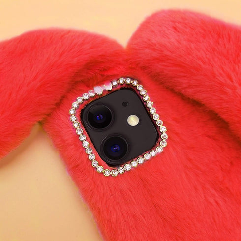 Omorro Plush Rabbit Case for iPhone 11, Soft Warm Fluffy Furry Bunny Ear Fur Phone Case with Bling Crystal Rhinestone