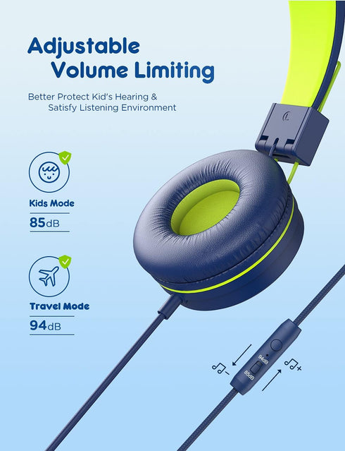 iClever Kids Headphones with Microphone, 85dB/94dB Volume Limited, Stereo 3.5mm Jack, Tangle-Free Wired Headphones for