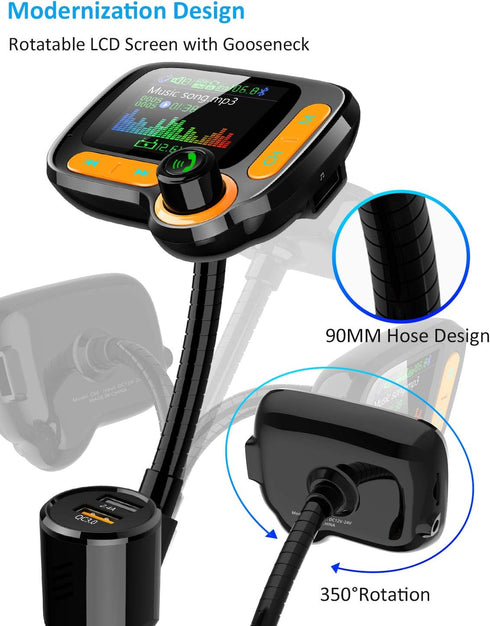 Bluetooth FM Transmitter Car Adapter, Wireless Handsfree Call, MP3 Music Play, 1.8" Color Screen, 3 USB Charger