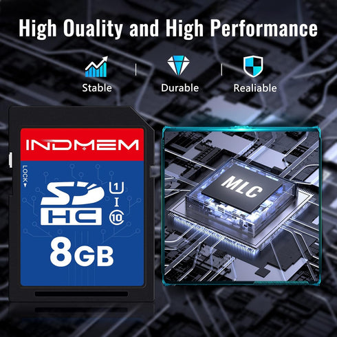 INDMEM SD Card 8GB 2 Pack UHS-I U1 Class 10 8G SDHC Flash Memory Card Compatible with Digital Camera, Computer, Trail Cameras