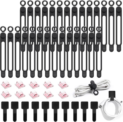 48Pcs Cord Organizer Kit, Reusable Silicone Cable Ties and Strong Adhesive Clips for Cable Management (Black)