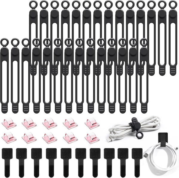 48Pcs Cord Organizer Kit, Reusable Silicone Cable Ties and Strong Adhesive Clips for Cable Management (Black)