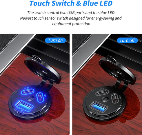 KEWIG 2Pcs 12V USB Outlet Quick Charge 3.0 USB Charger Sockets & Dual PD Type-C Ports, USB Cigarette Lighter Socket