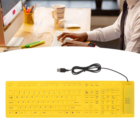 Foldable Silicone Keyboard, 108 Keys Waterproof Rollup USB Wired Keyboard for PC, Laptop, Notebook (Yellow)