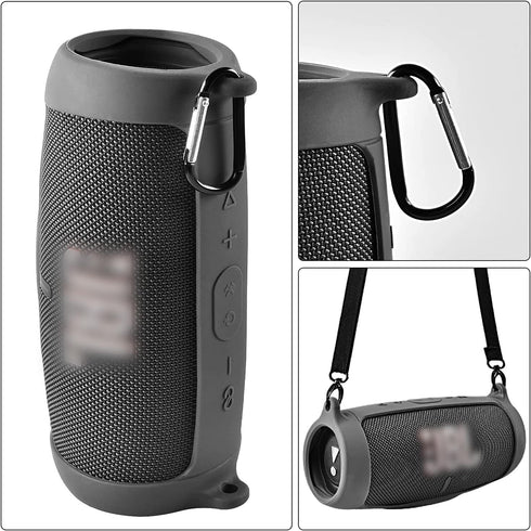 Silicone Case Cover for JBL Charge 5, Black, Waterproof Portable Bluetooth Speaker with Shoulder Strap and Carabiner