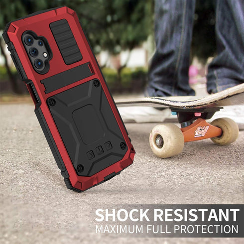 Aluminum Metal Waterproof Case for Samsung Galaxy A32 5G, Shockproof Heavy Duty Protector with Built-in Kickstand, Red