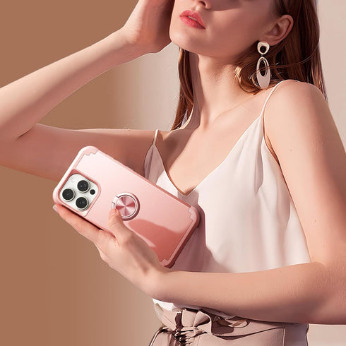 IDweel iPhone 14 Pro Max Case - Rose Gold, 2-in-1 Shockproof, Screen Protector, 360° Ring Holder, Camera Lens Protector.