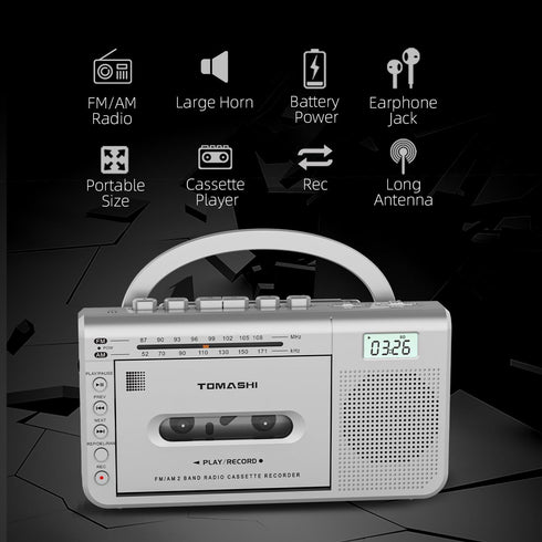 TOMASHI Cassette 3.5mm Portable Player with AM/FM Radio, Headphone Jack, Built-in Microphone