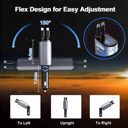 Retractable Car Charger 4 in 1 USB C Fast Charger with Dual Type-C Cables, Compatible with iPhone 15, 2 Pack